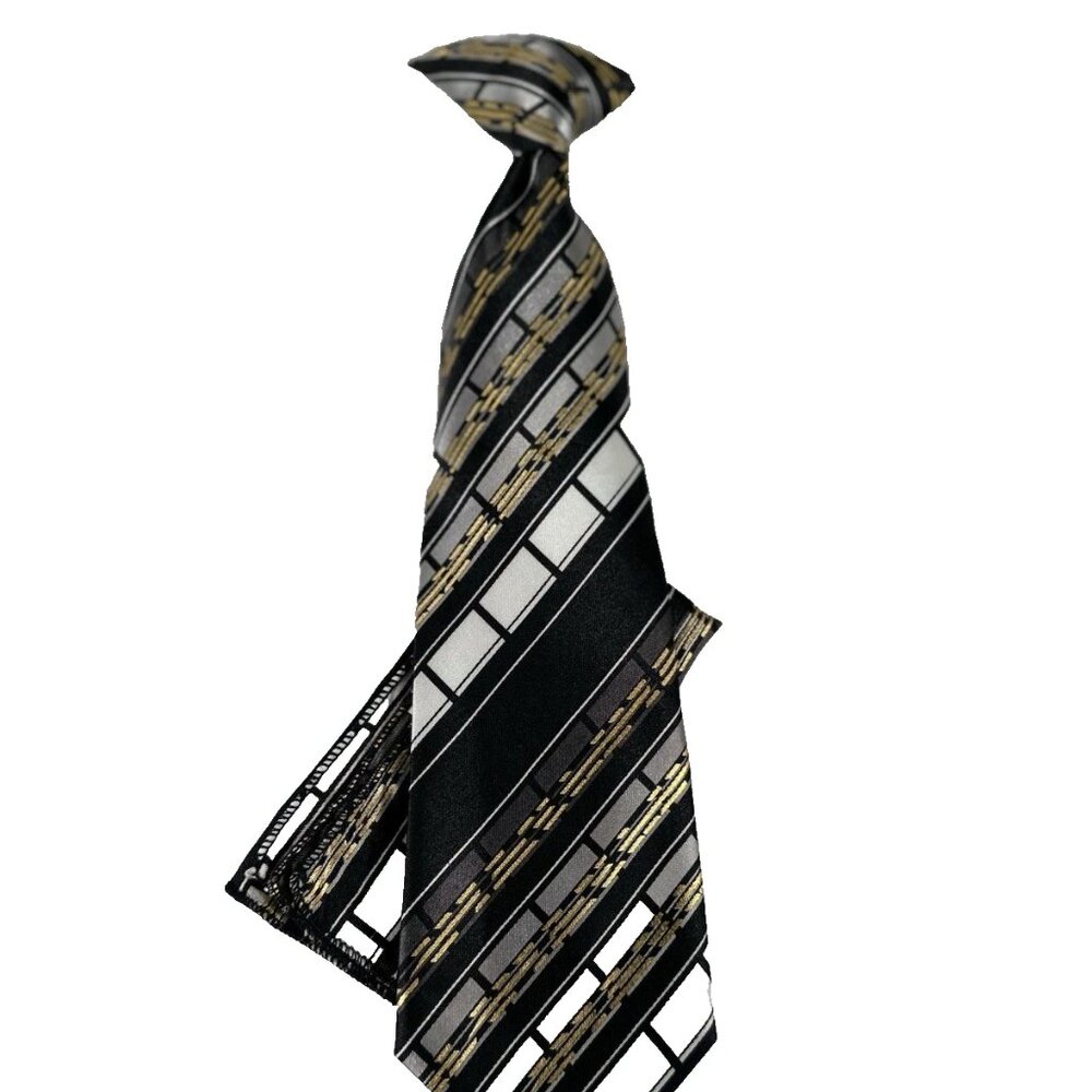 Karl Knox Boy's Clip-on Tie Hanky Black Gold White Plaids Polyester 10" Long